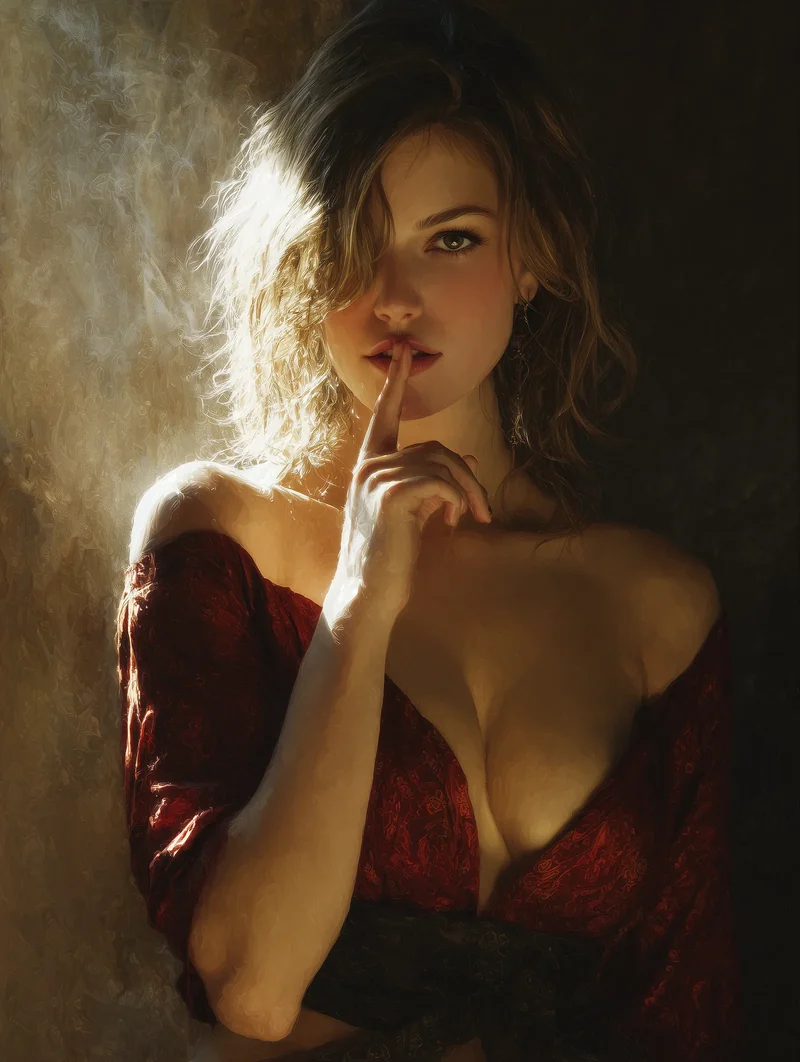 Dark-haired woman in a scarlet gown looking over her shoulder in warm light.