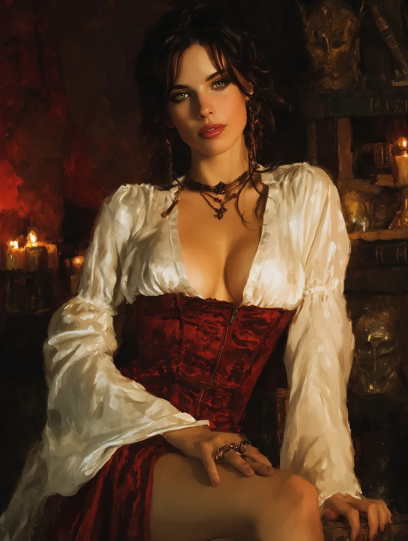 Dark-haired woman in a red corset over a loose white blouse, seated in a dim room.