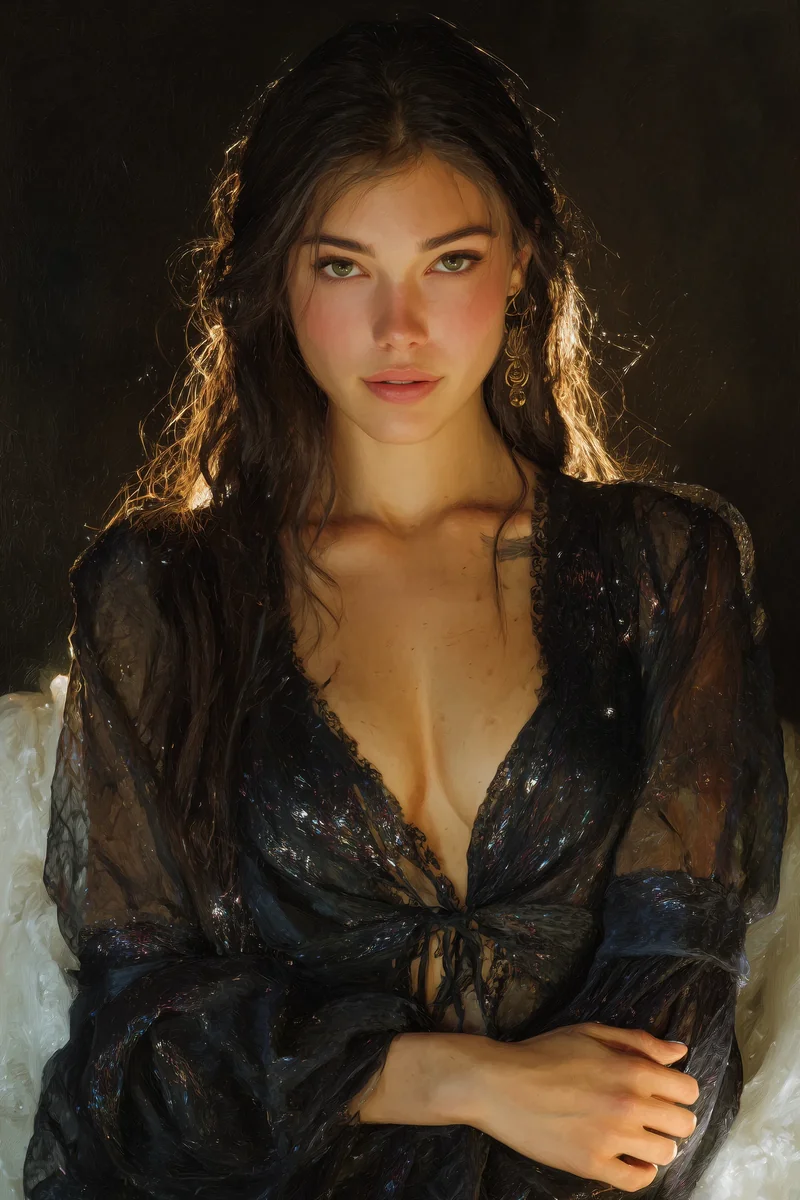 Brunette woman in an open sheer black lace top, leaning forward in low warm light.