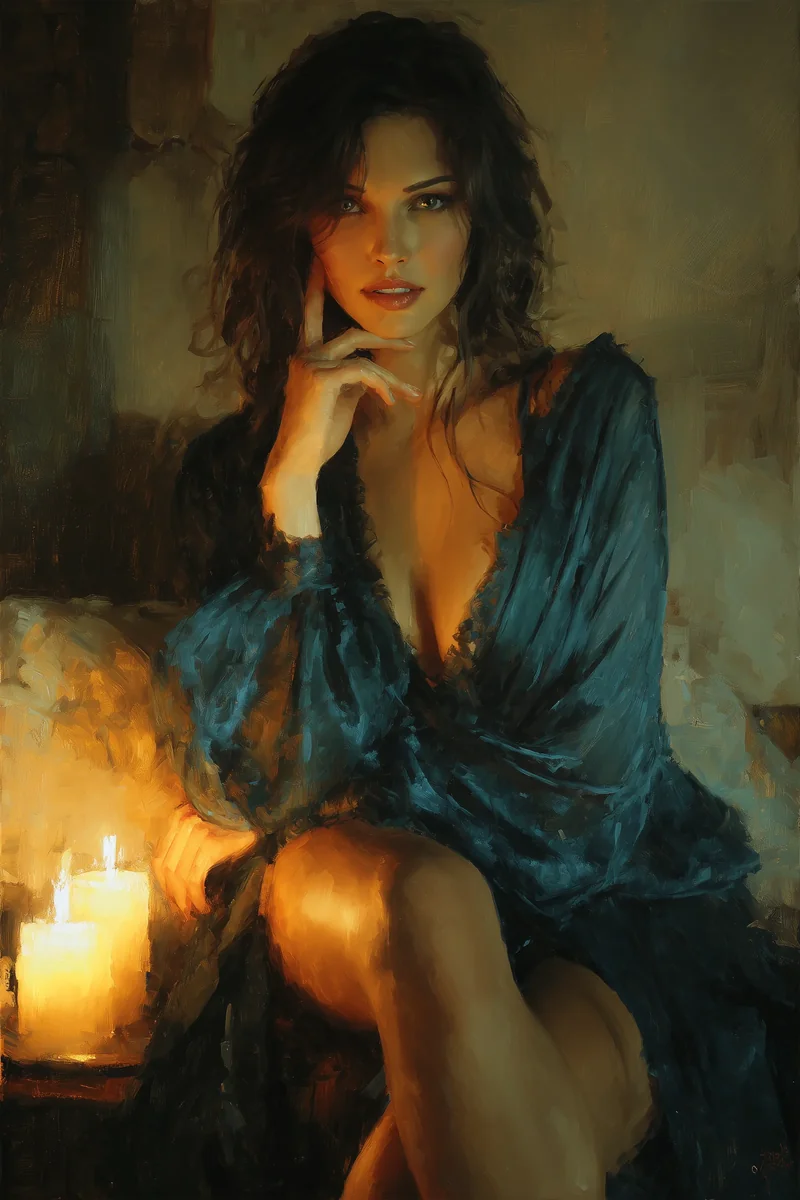 Woman in a teal silk robe seated beside lit candles in a dim interior, one shoulder bare.