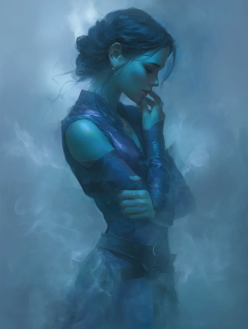 Woman in a low-cut dress lit in deep blue tones, head bowed, against a dark misty background.