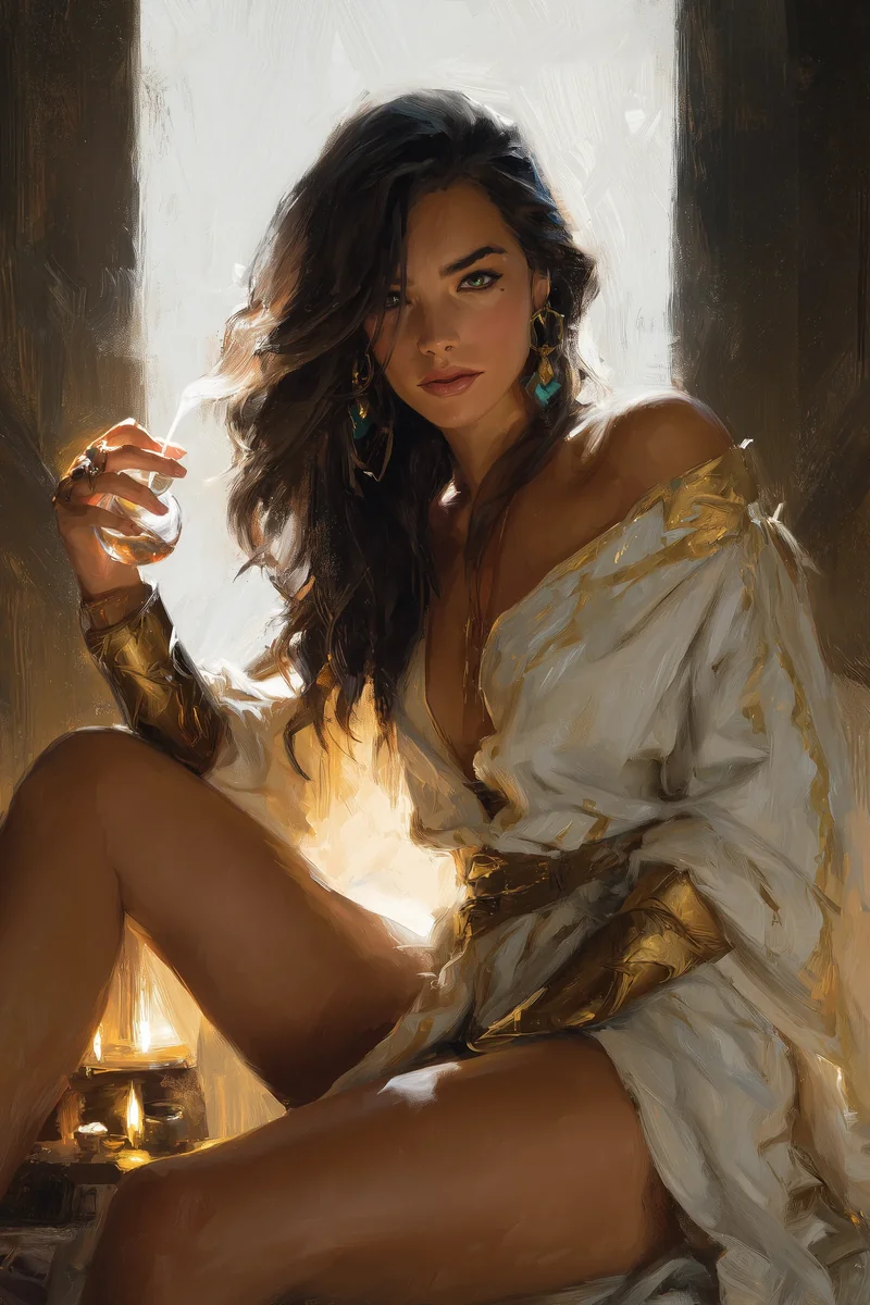 Oil-painting style portrait of a woman in a loose golden silk robe seated in warm amber light, one leg exposed.