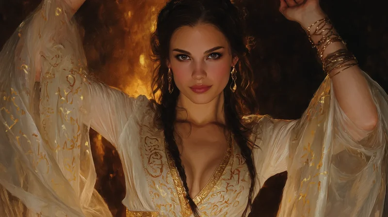 Dark-haired woman in sheer gold-trimmed flowing robes, arm raised, in warm firelit light.