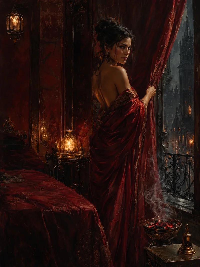 Dark-haired courtesan in deep red House silk slipping from one shoulder, warm candlelit bronze skin, regarding the viewer with a composed, knowing gaze in a dim red chamber.