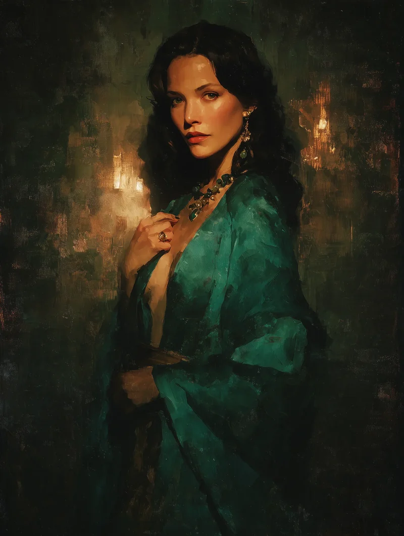 Dark-haired woman in an open emerald-green robe standing in a dim candlelit room.
