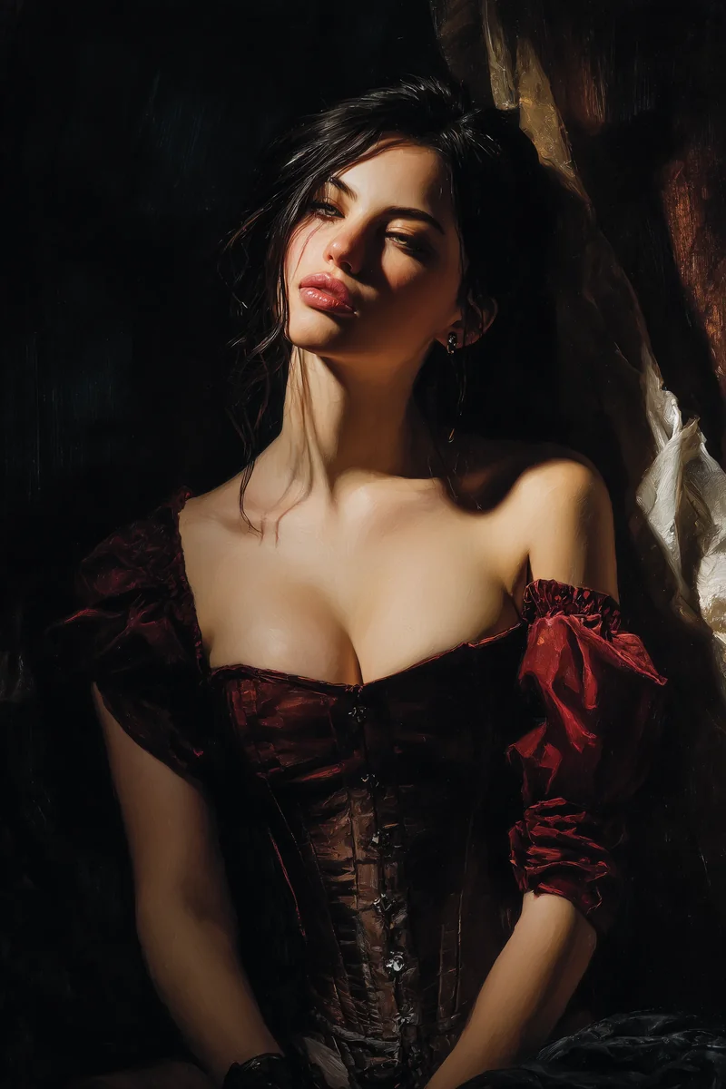 Black-haired woman in a dark velvet gown baring one shoulder against a red-toned interior.