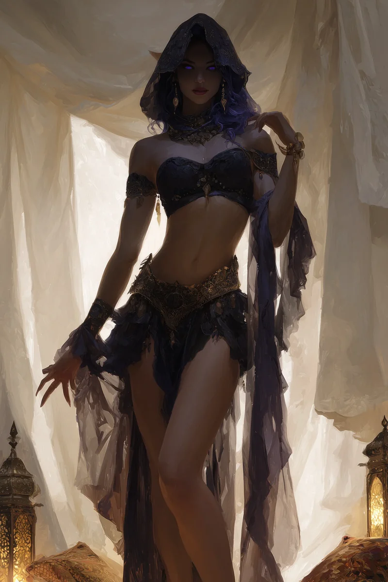 Hooded enchantress with ebony skin and violet eyes in dark, sheer attire.