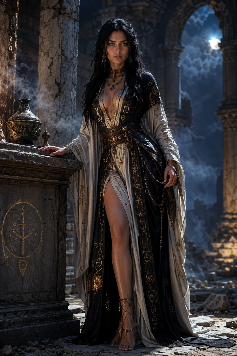 Sigil-Robed Priestess at the Altar