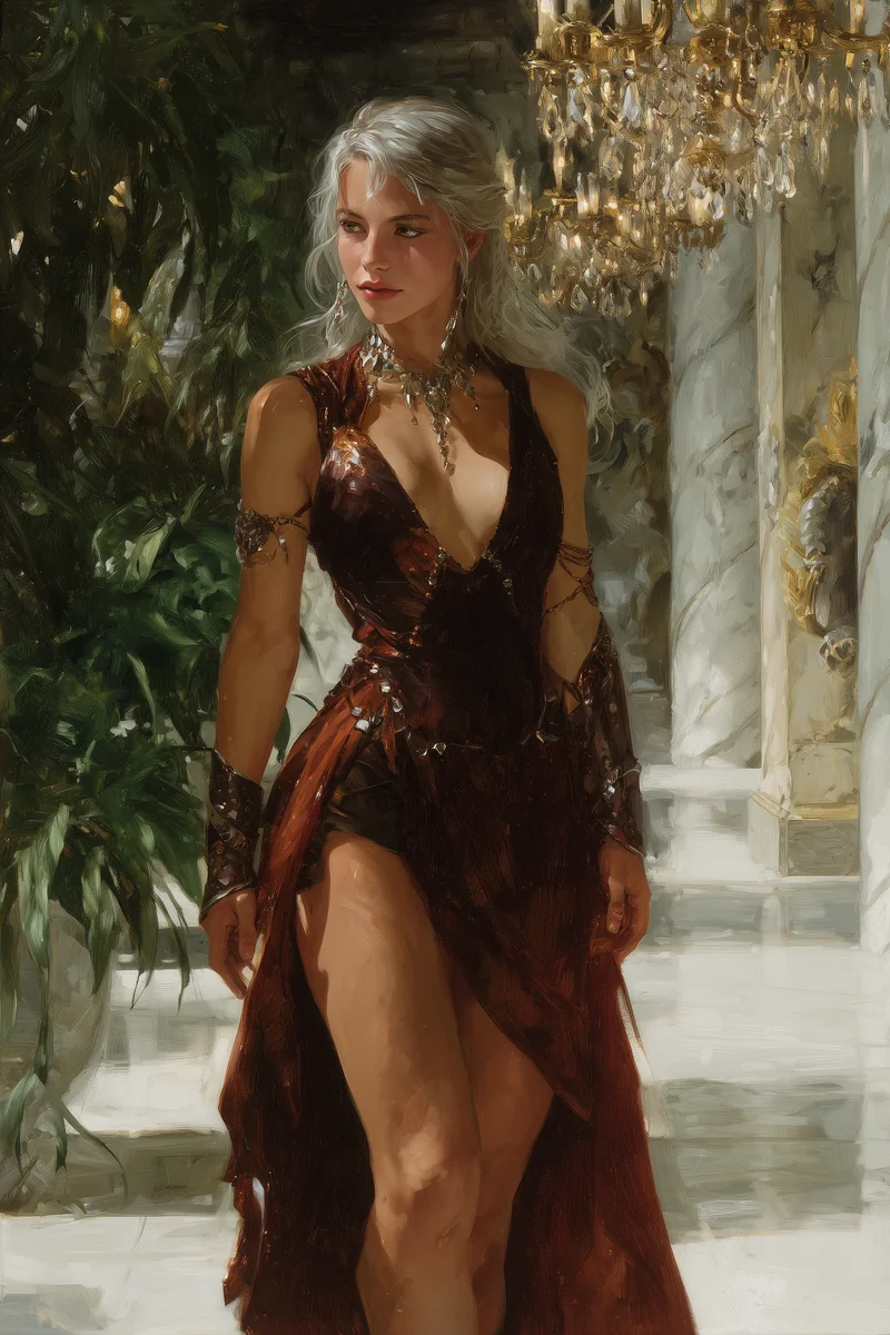 Pale-haired woman in a red gown with a high slit standing in a columned stone hall.