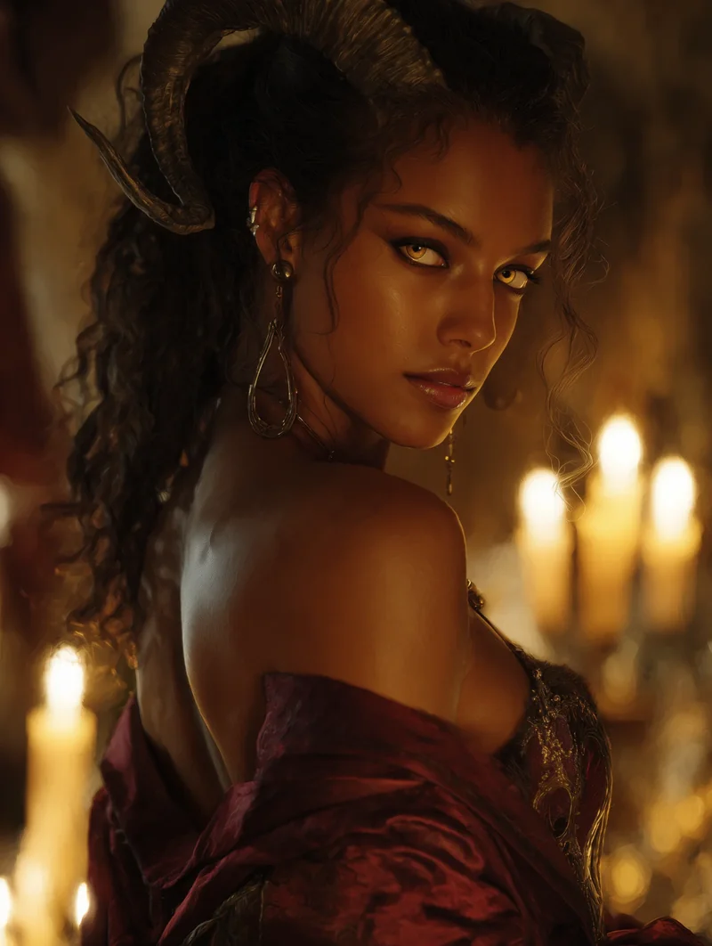 Horned dark-haired woman in dark clothing beside candle flames in a dim warm interior.