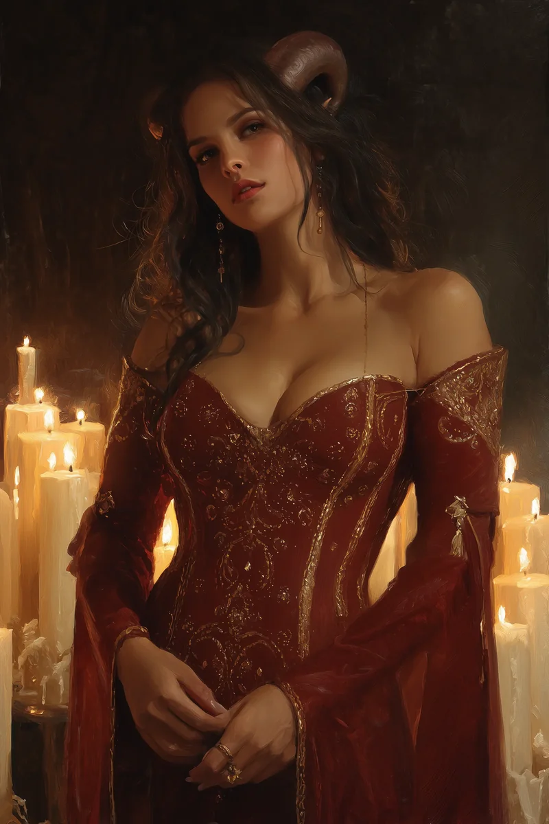 Horned woman with bare shoulders in an off-shoulder red beaded gown near candles in a dark room.