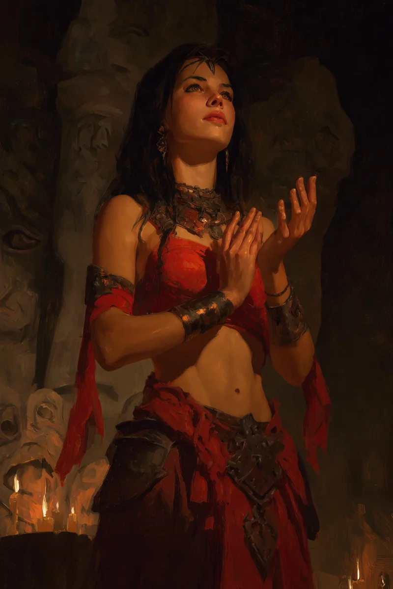 Woman in ornate scarlet ritual garb with gold jewelry standing in a candlelit chamber.
