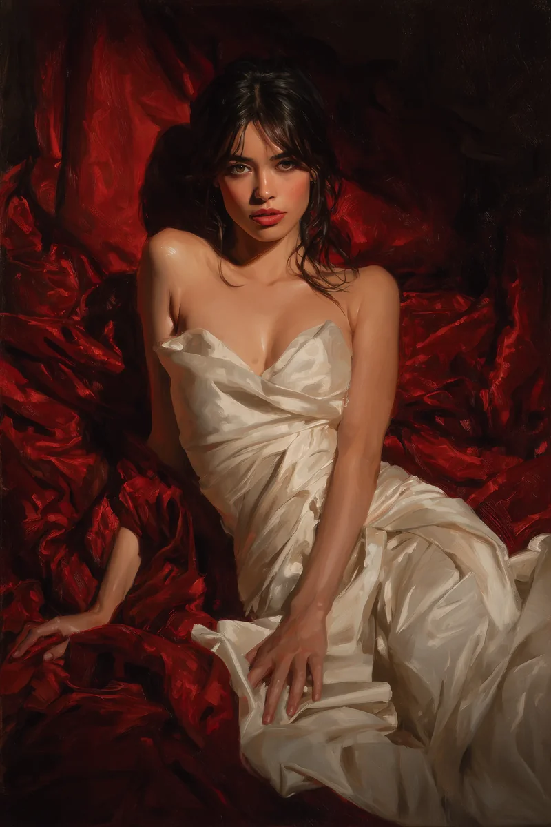 Seated woman with wet dark hair in a pale strapless gown before a red painted backdrop.