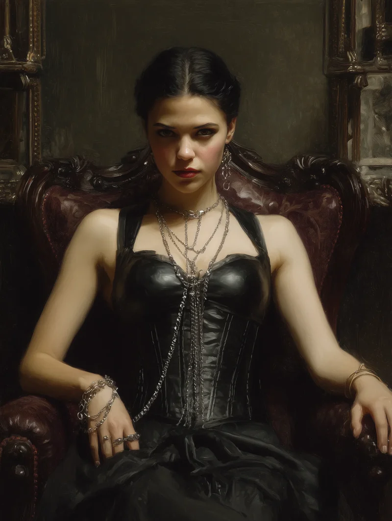 Woman in a black corseted lace gown seated within a dim gothic interior with arches.