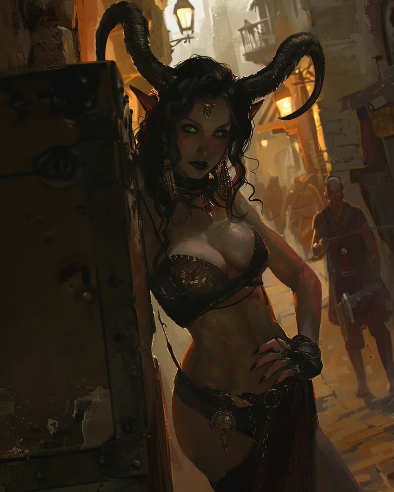 Horned tiefling woman with tail in a dark leather outfit standing in a shadowed street.