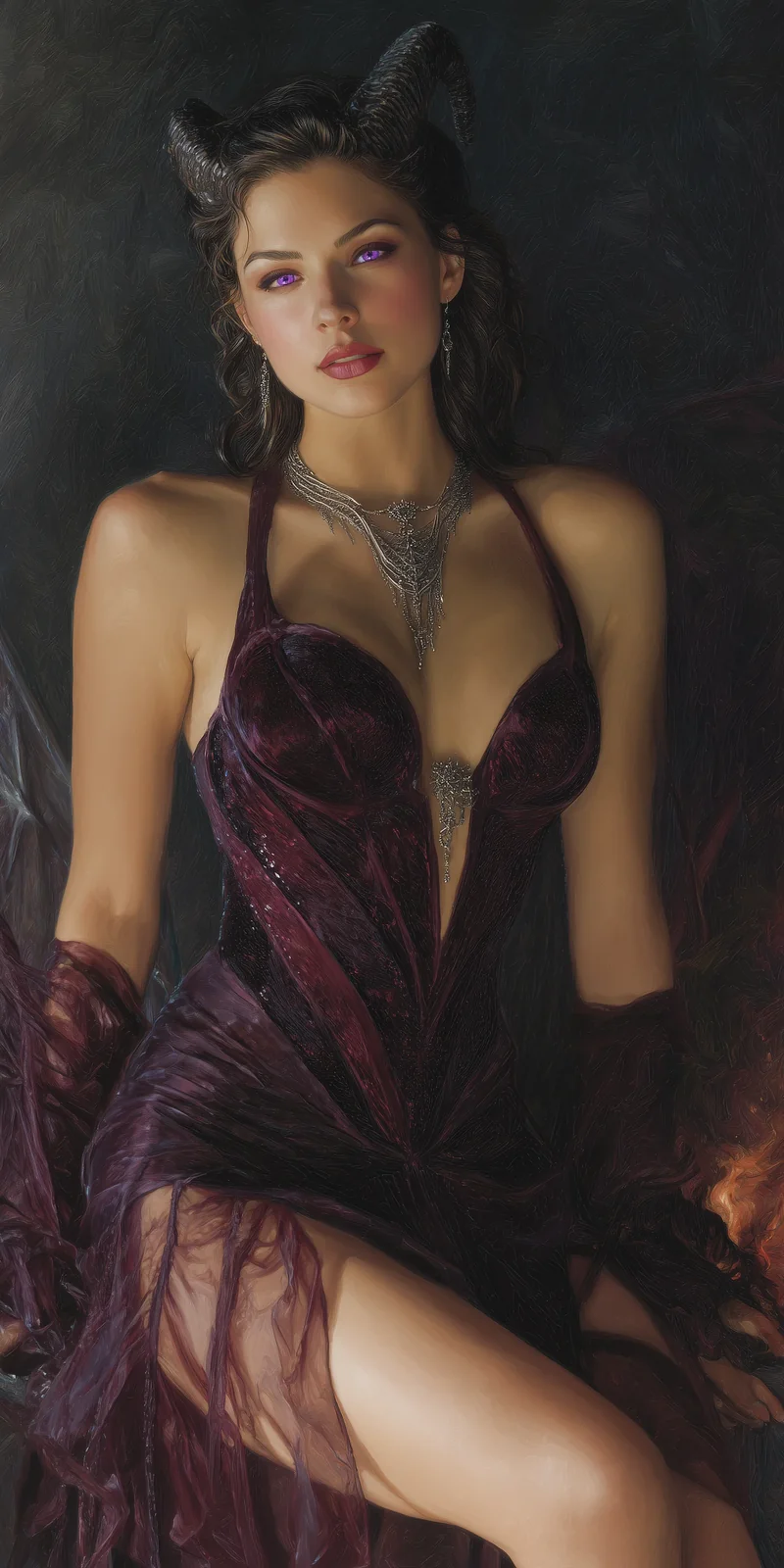 Horned tiefling woman in a sheer plum-colored dress seated against a dark backdrop.