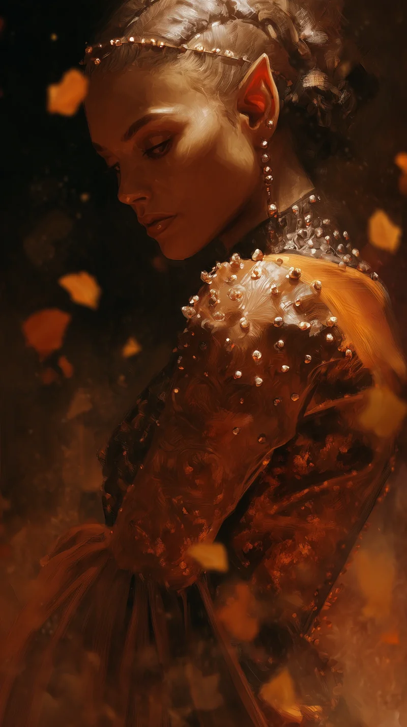 A woman in profile with faint scales on her skin, surrounded by glowing embers and warm light.