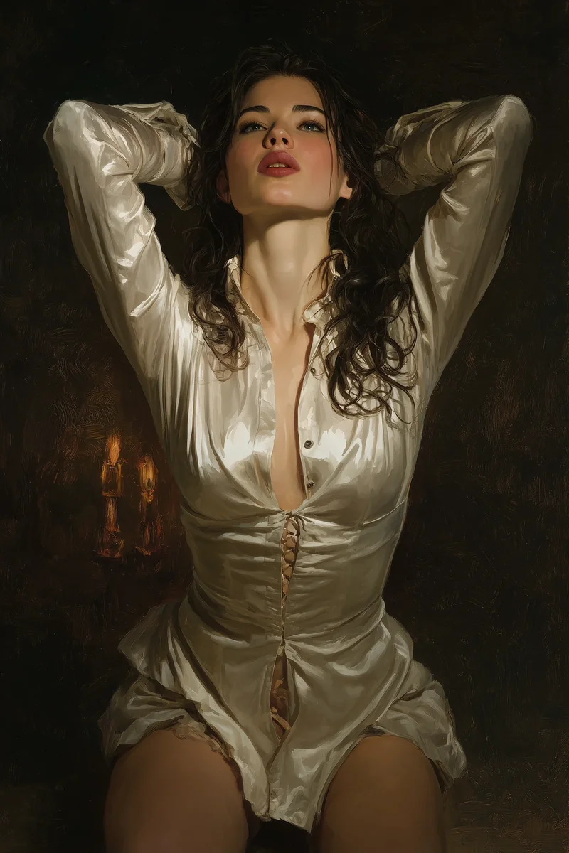 A woman with dark hair in an open white blouse, arms raised above her head, lit by warm light.