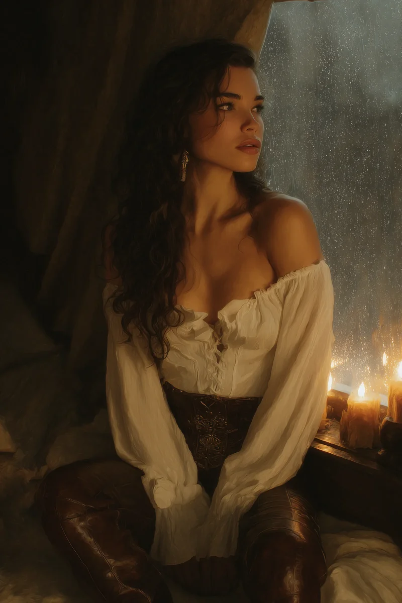 Young woman with long curly dark hair wearing a white off-the-shoulder nightdress, seated in a dim room.