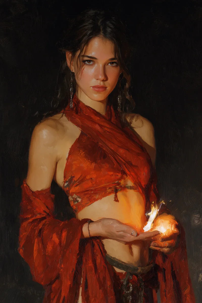 Dark-haired woman in a red wrapped garment holding a small flame, standing against a dark background.