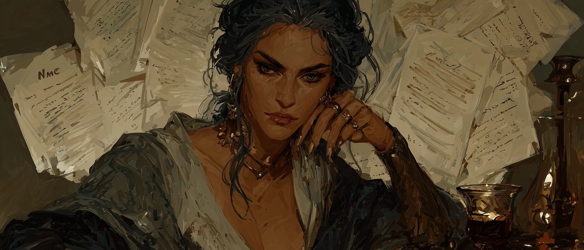 Realistic portrait of Silver Quill working late.