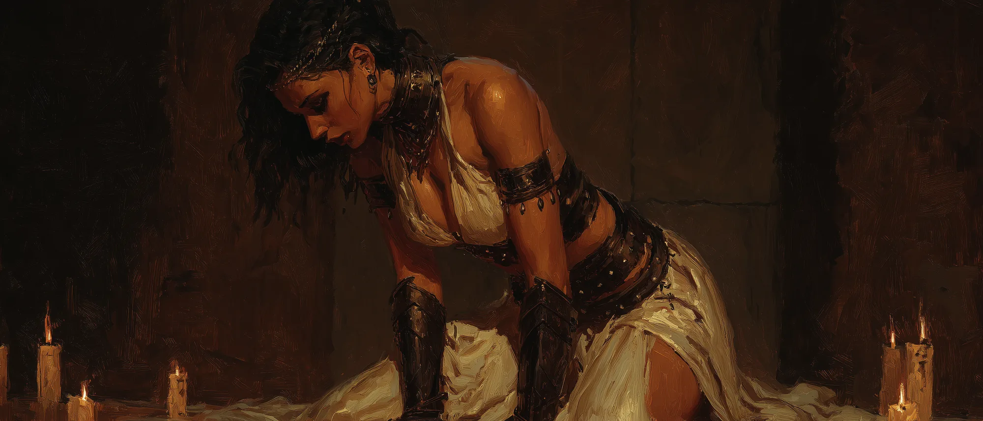 Half-elf woman kneeling alone in dungeon chamber.