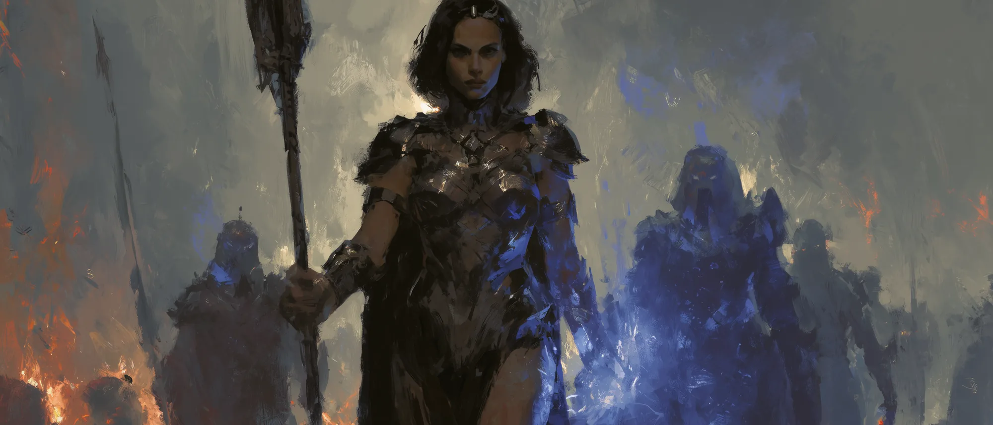 A stalwart warrior maiden resembling Gal Gadot.
