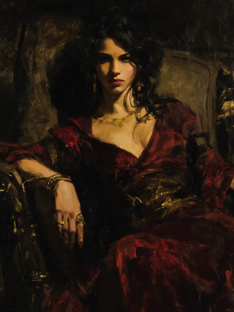 Esclarmonde Rougemont, the House's Favorite — enthroned in crimson and gold