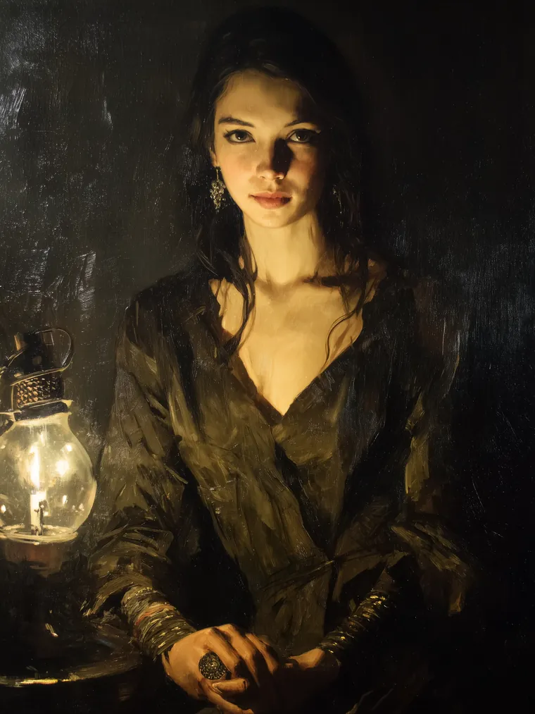 Odile Rook, the Listener — a still, plainly dressed woman beside a lantern, waiting to hear your confession