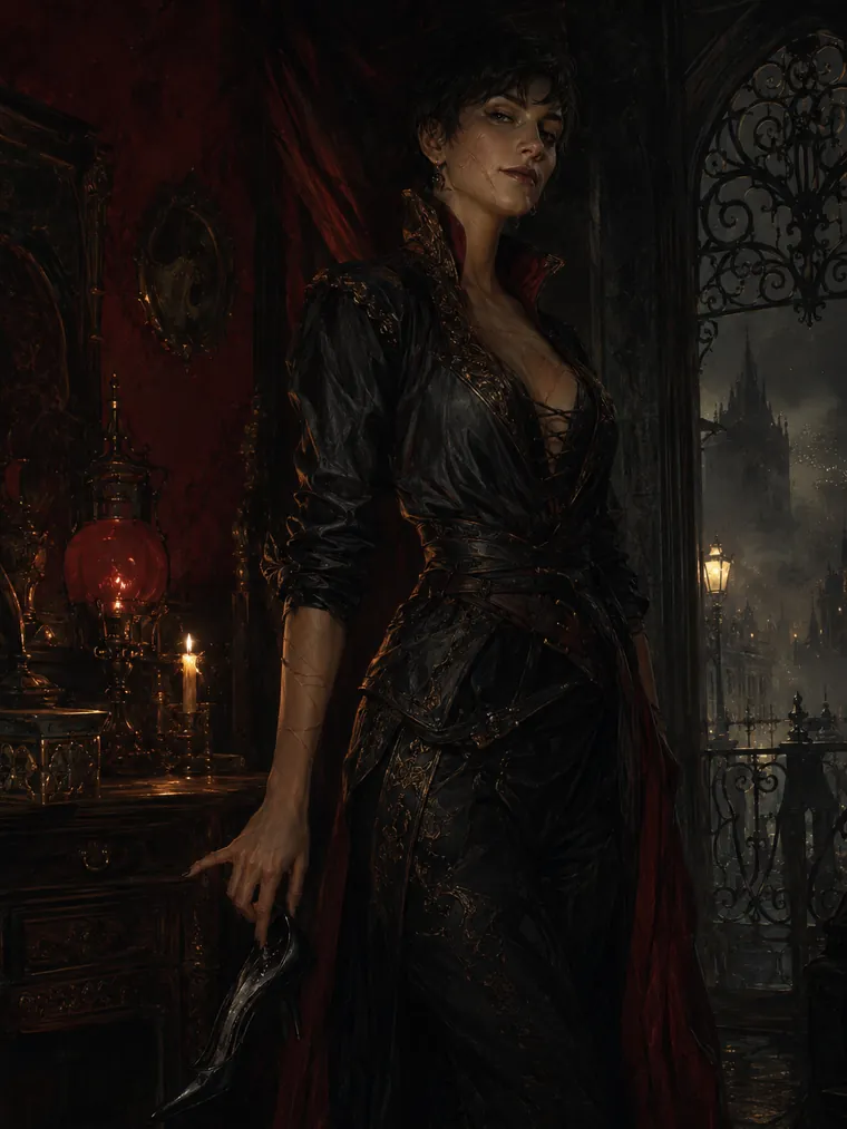 Reza Morrow, the Blade Between the Sheets — a lean, poised duelist in black and gold